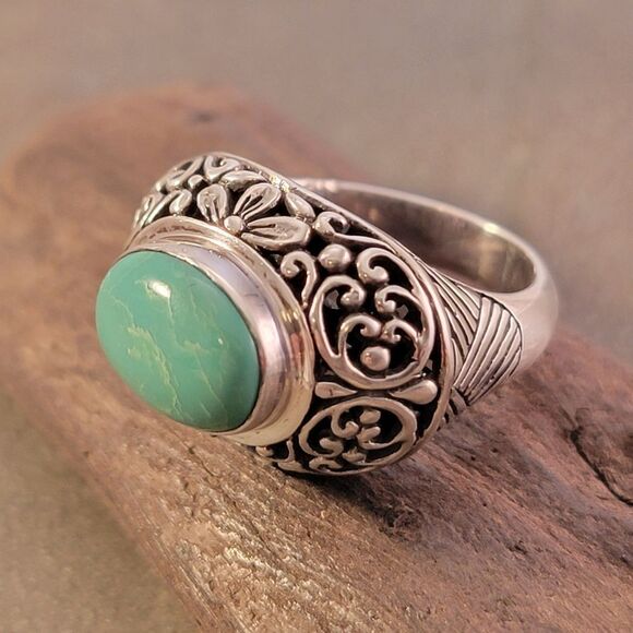 Bali Flower Scroll Green Turquoise Sterling Silver Statement Ring - Picture 1 of 9